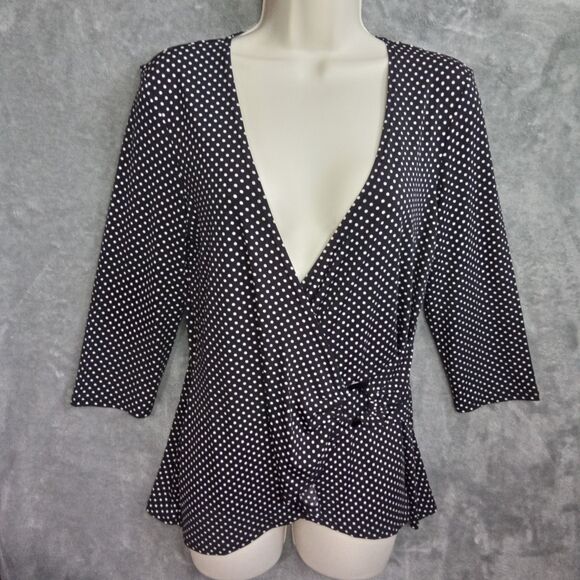 FYLO Women Medium Blouse Black And White‎ Polka Dot V Neck Long Sleeve Y2K 90s - Picture 1 of 8